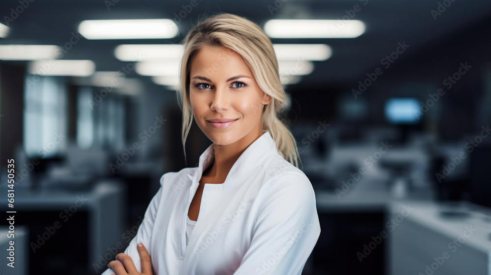 Beautiful female healthcare worker. Doctor or nurse in white coat. Medical concept. Generative AI