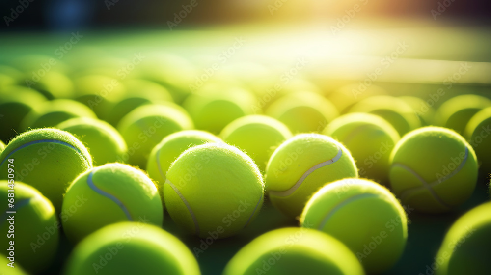 Closeup of a plenty of tennis balls on an empty tennis court, the sunshine. Sports lifestyle concept. Generative AI