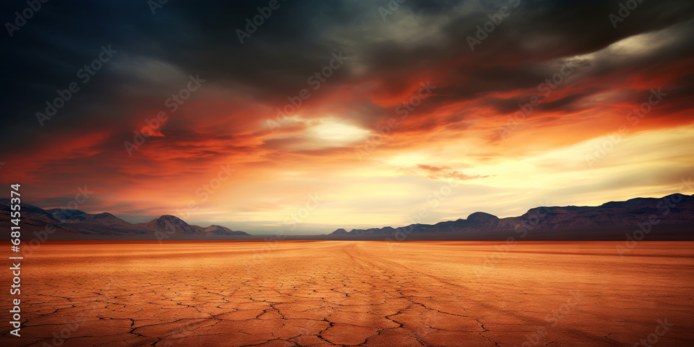 Dramatic sky over desert. Dark clouds over sand dunes. Generative AI