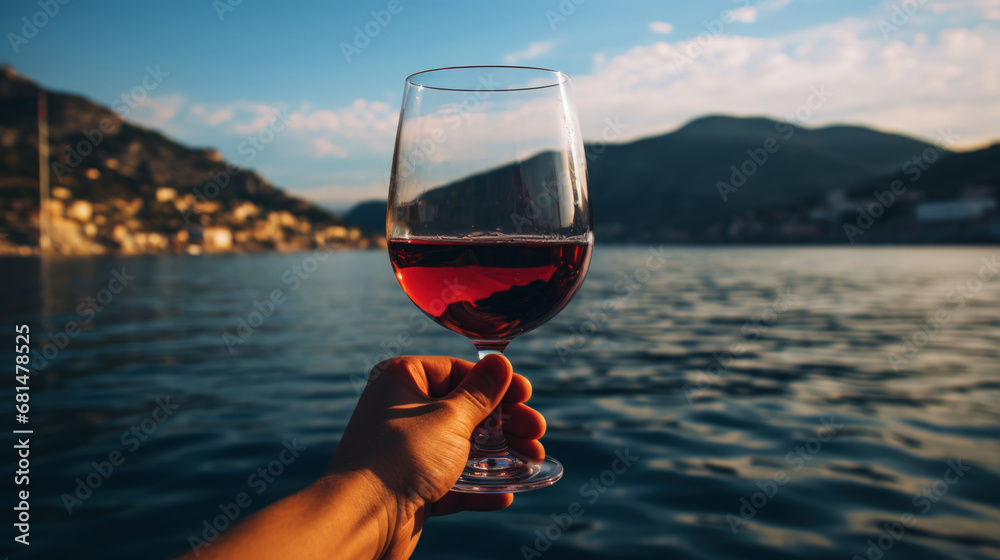 Close-up of a glass of red wine in a hand against of sea sunset backdrop. Romantic trip concept. Generative AI