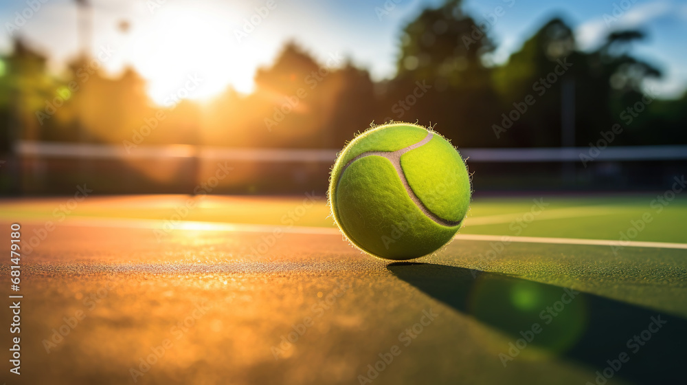 Closeup of tennis ball on empty court. Sunset, sun rays. Concept of a sporty lifestyle. Generative AI