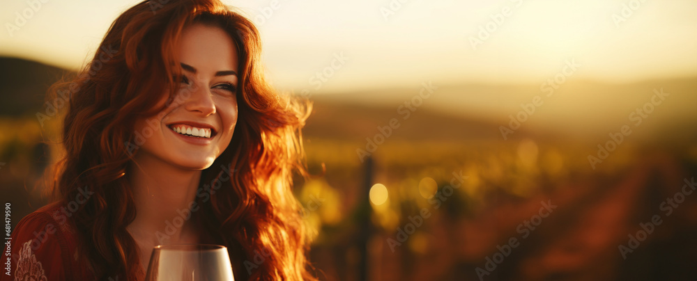 Portrait of a smiling red-head girl with a glass of wine, blurred backdrop of vineyard on a sunset. Generative AI