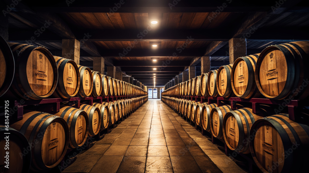 Rows of wine barrels in wine-vaults in order. Cellar with French barrique wine casks. Generative AI