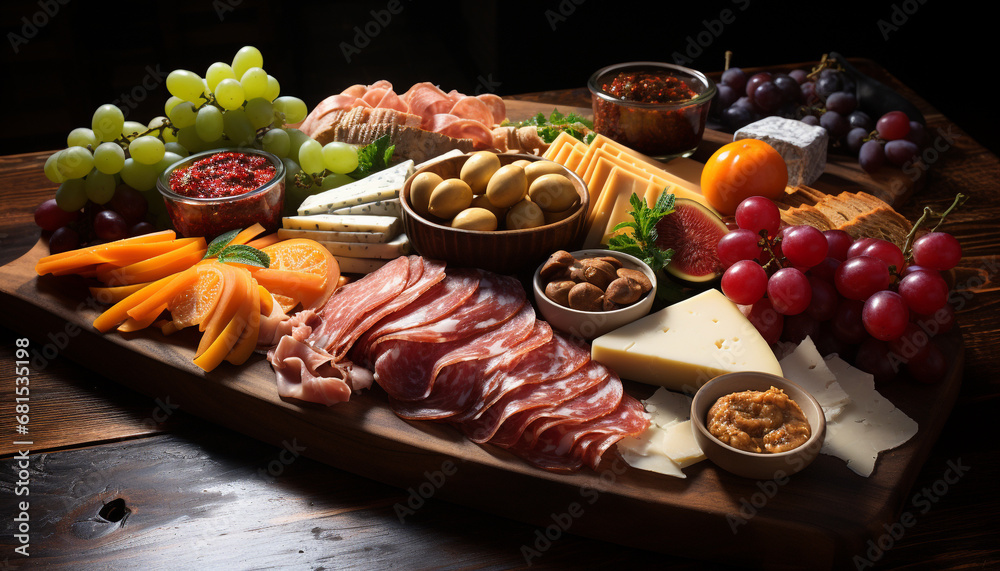 Rustic table, gourmet meal prosciutto, cheese, grapes, and wine generated by AI