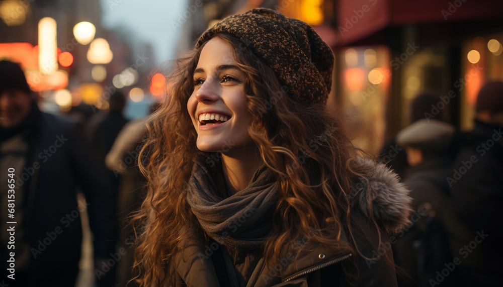 Young women walking in the city, smiling and enjoying together generated by AI