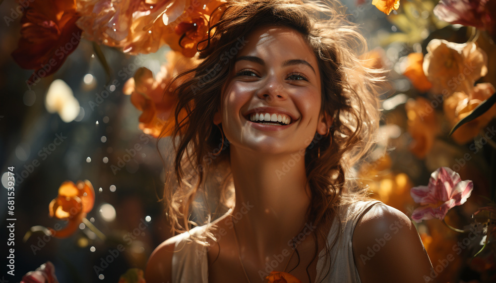 Smiling young woman enjoying autumn outdoors, carefree and happy generated by AI