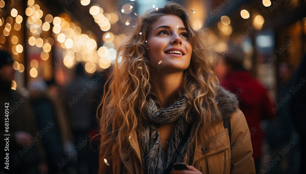 Young woman smiling, enjoying the winter night in the city generated by AI