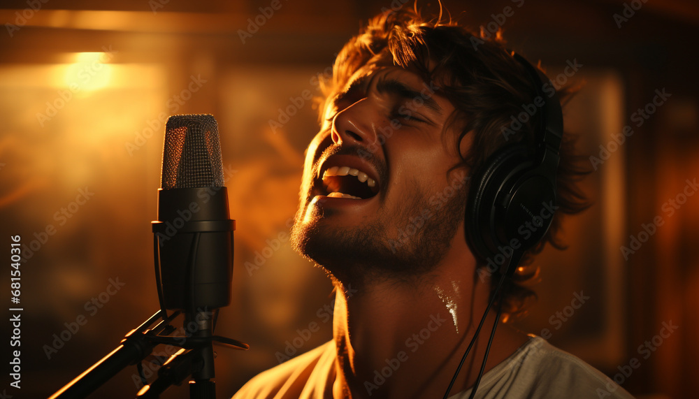 Young adult singer performing on stage with microphone and headphones generated by AI