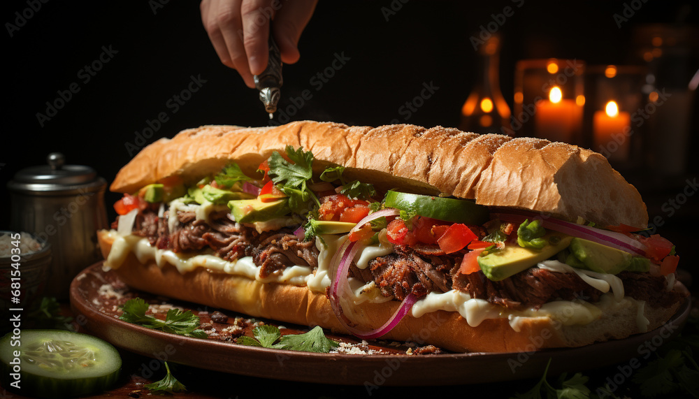 Grilled beef sandwich, fresh tomato, homemade guacamole, rustic bun generated by AI