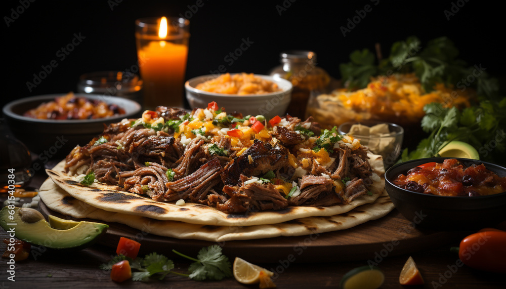 Grilled beef taco with fresh tomato, cilantro, and guacamole generated by AI