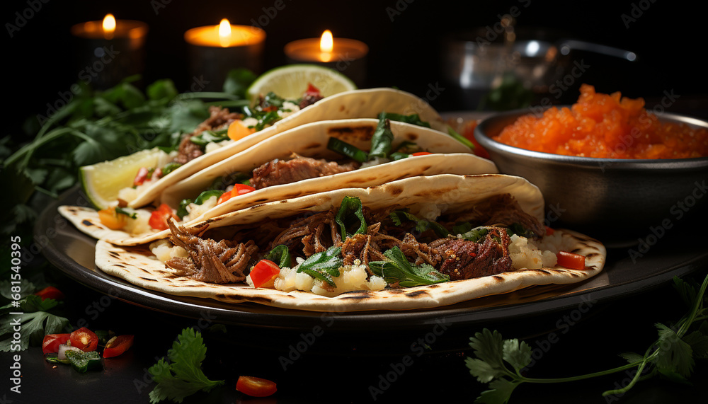 Grilled beef taco with guacamole, cilantro, and fresh tomato generated by AI