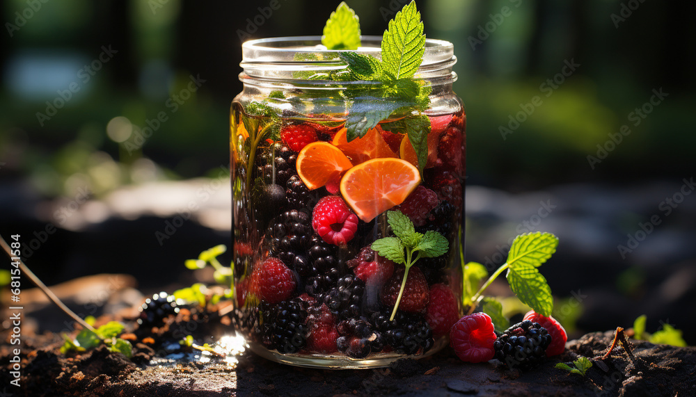 Fresh summer berries on a wooden table, nature sweet refreshment generated by AI