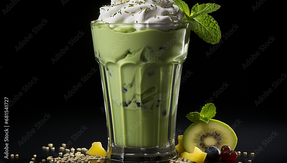 Refreshing summer milkshake with mint leaf and raspberry garnish generated by AI