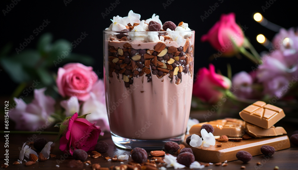 Gourmet dessert milkshake with whipped cream, chocolate, and berries generated by AI