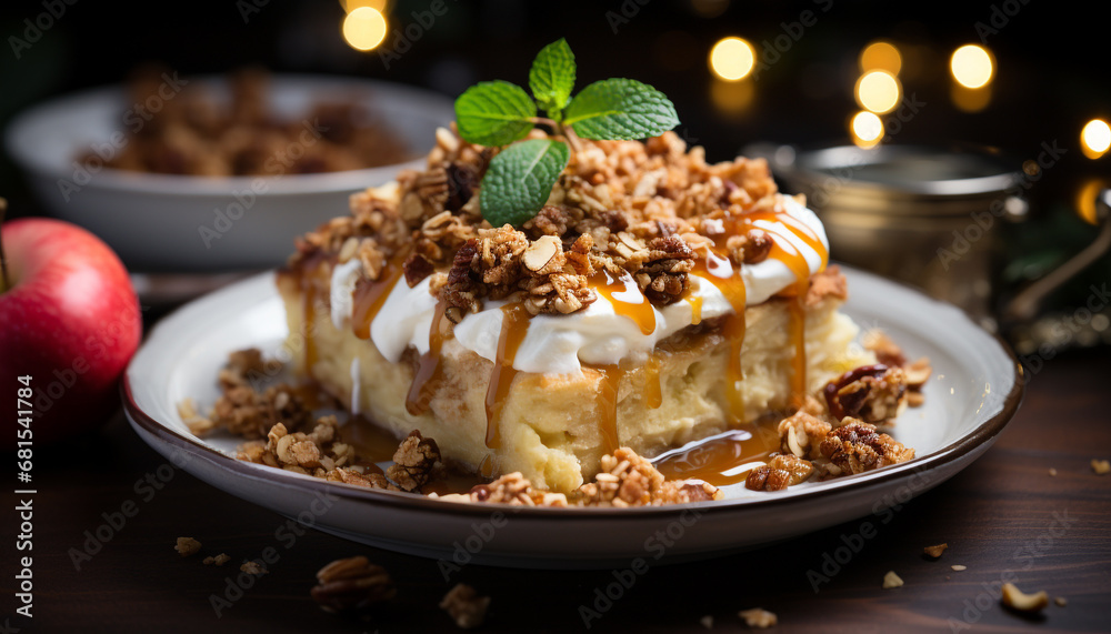 A homemade sweet pie with chocolate, fruit, and whipped cream generated by AI