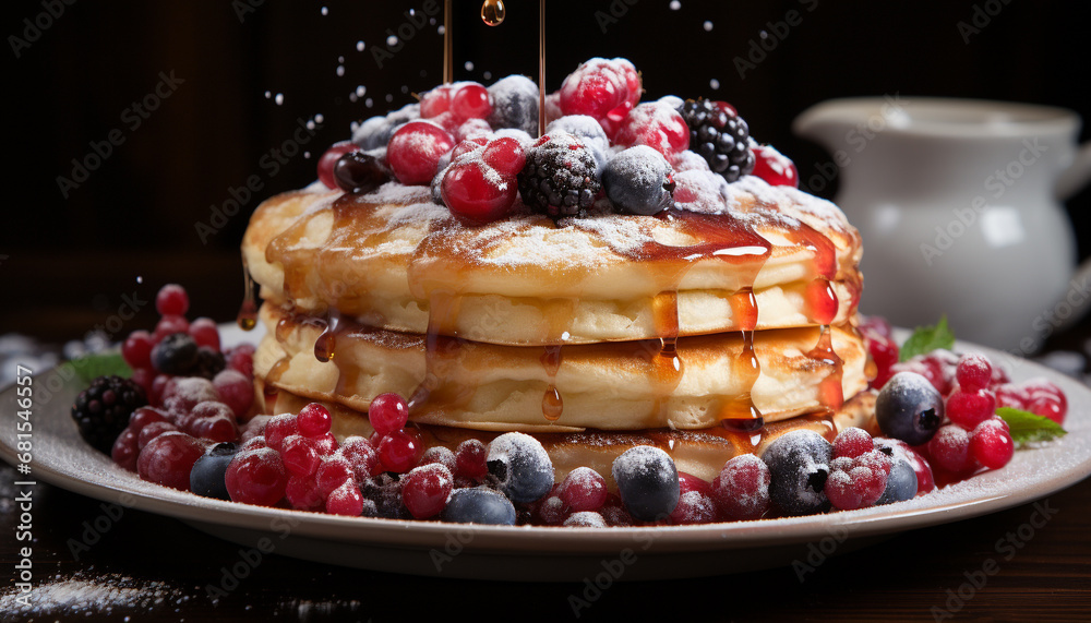 Fresh homemade blueberry pancakes with raspberry syrup on wooden table generated by AI