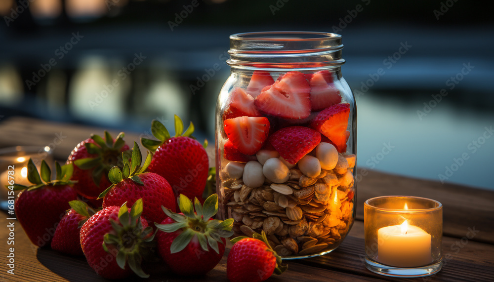 Fresh strawberry drink on wooden table, a healthy summer refreshment generated by AI