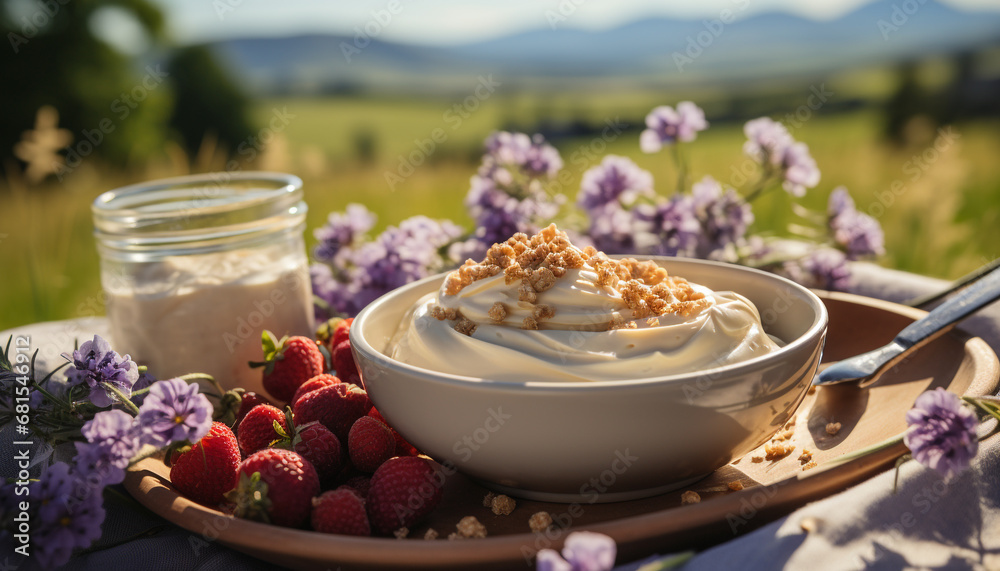 Homemade gourmet dessert Fresh berry yogurt with creamy milk generated by AI