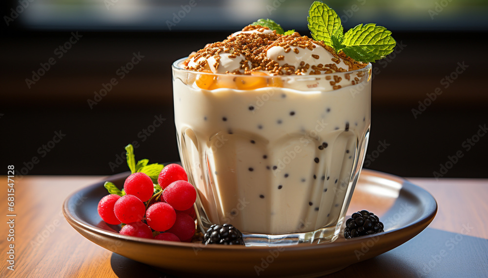 Fresh fruit parfait with yogurt, berries, and mint leaf garnish generated by AI