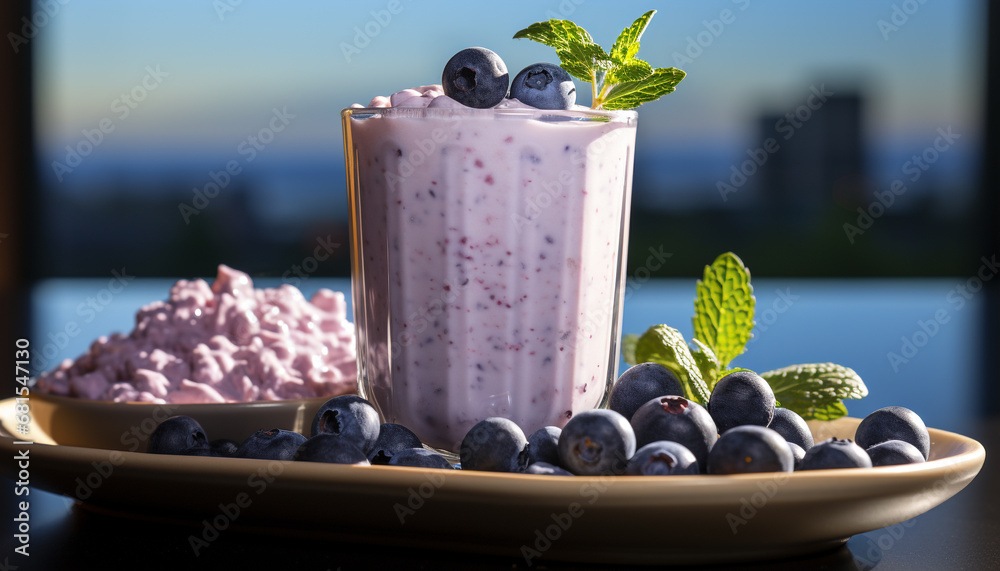 Healthy eating blueberry yogurt with fresh raspberry and mint leaf generated by AI