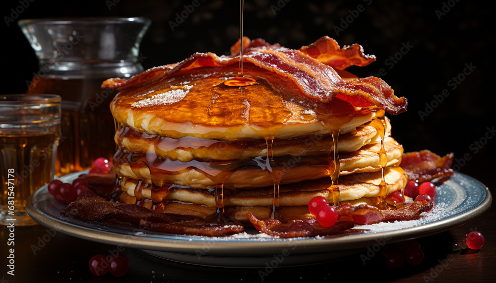 Freshly cooked pancakes stacked high with sweet syrup and berries generated by AI