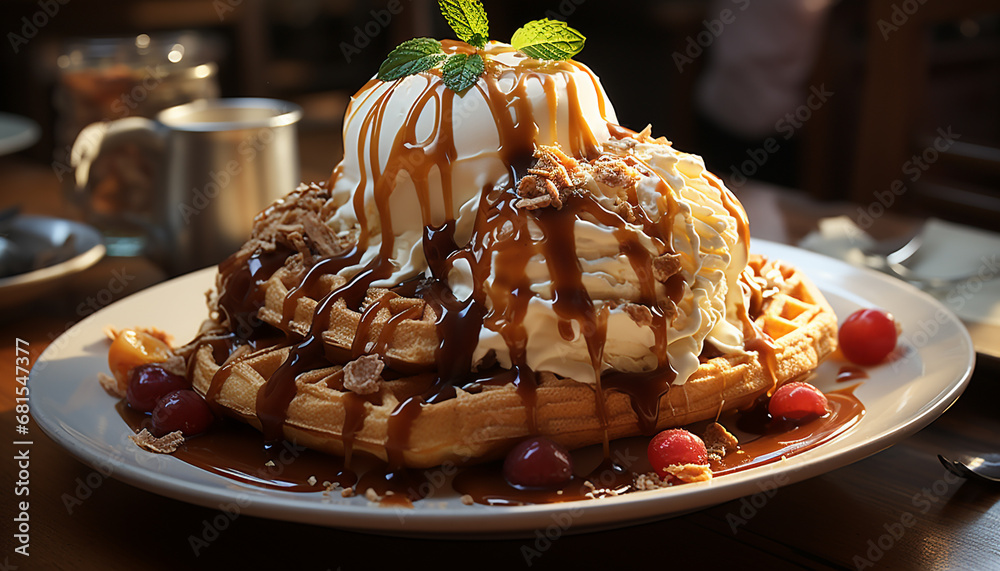 Freshly baked pancake stack with chocolate sauce and whipped cream generated by AI