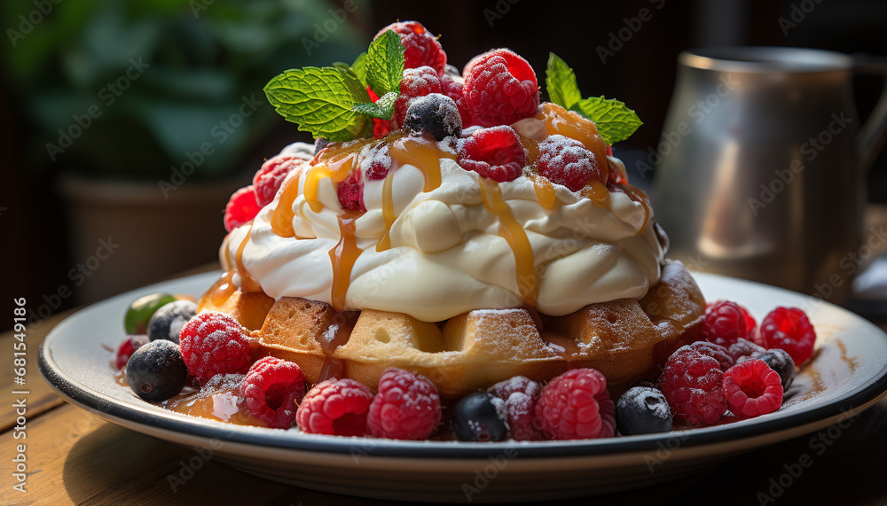 Fresh berry pancake stack with whipped cream and chocolate syrup generated by AI