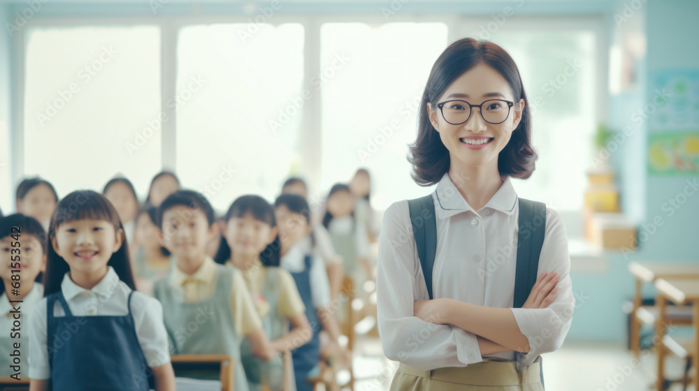 Portrait of the teacher against the background of the students in the classroom