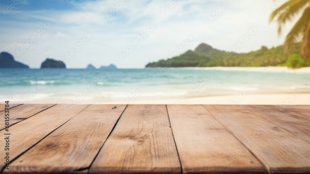 Empty wooden table top with blur background of the beach