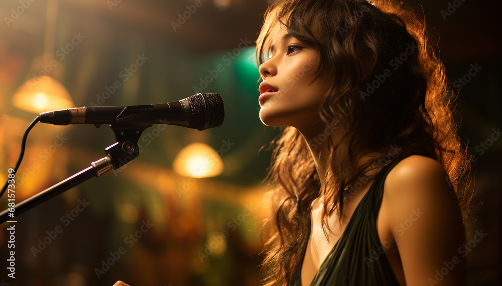 Young woman singer performing on stage, captivating the audience generated by AI