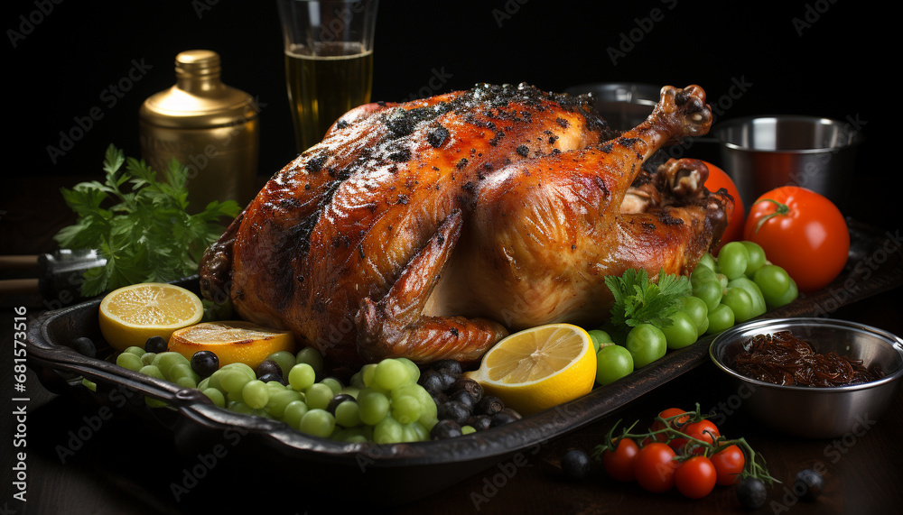 Freshness on plate roasted turkey, lemon, fruit, vegetable, chicken meat generated by AI