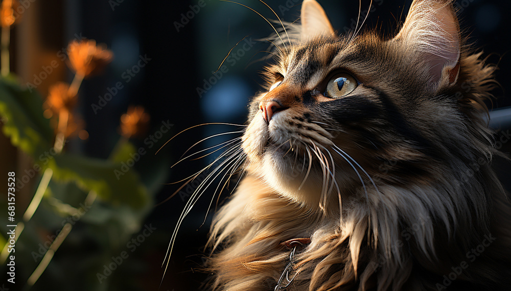 Cute kitten sitting outdoors, staring at camera with curiosity generated by AI