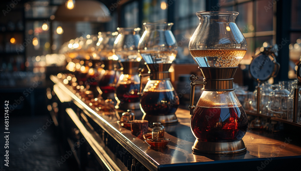 Glass of whiskey on bar counter in dimly lit bar generated by AI