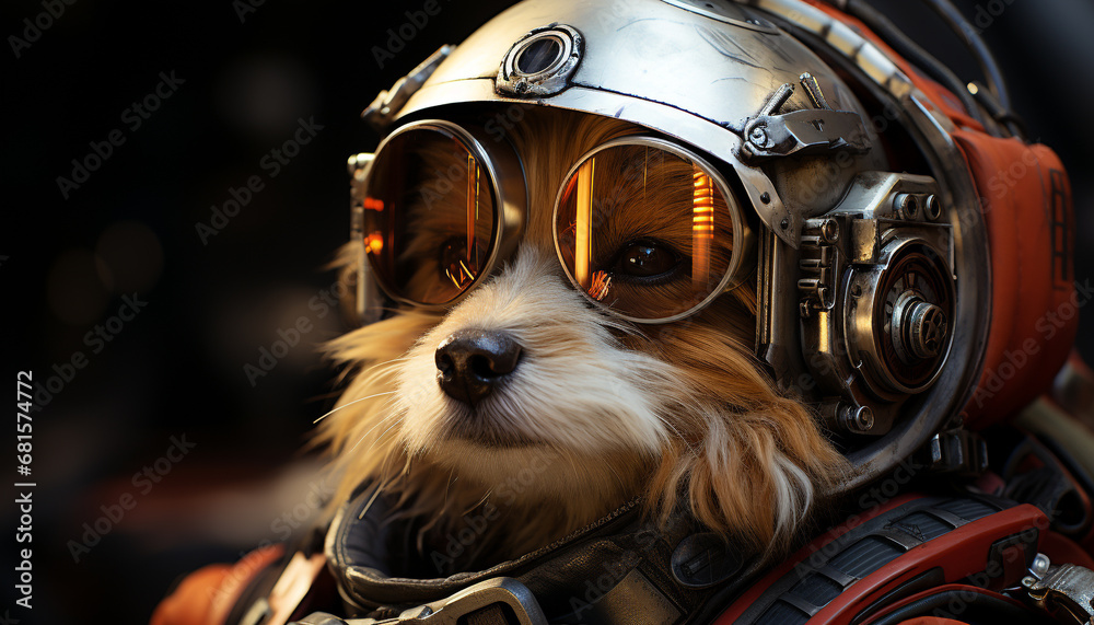 Cute puppy wearing sunglasses rides motorcycle, looking cool and fun generated by AI