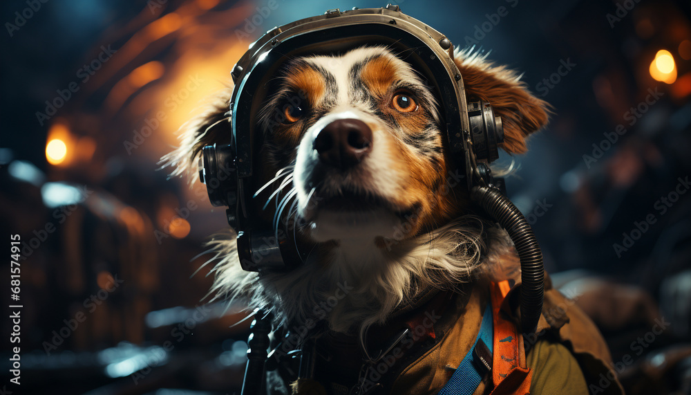 Cute puppy wearing headphones enjoys the winter night outdoors generated by AI