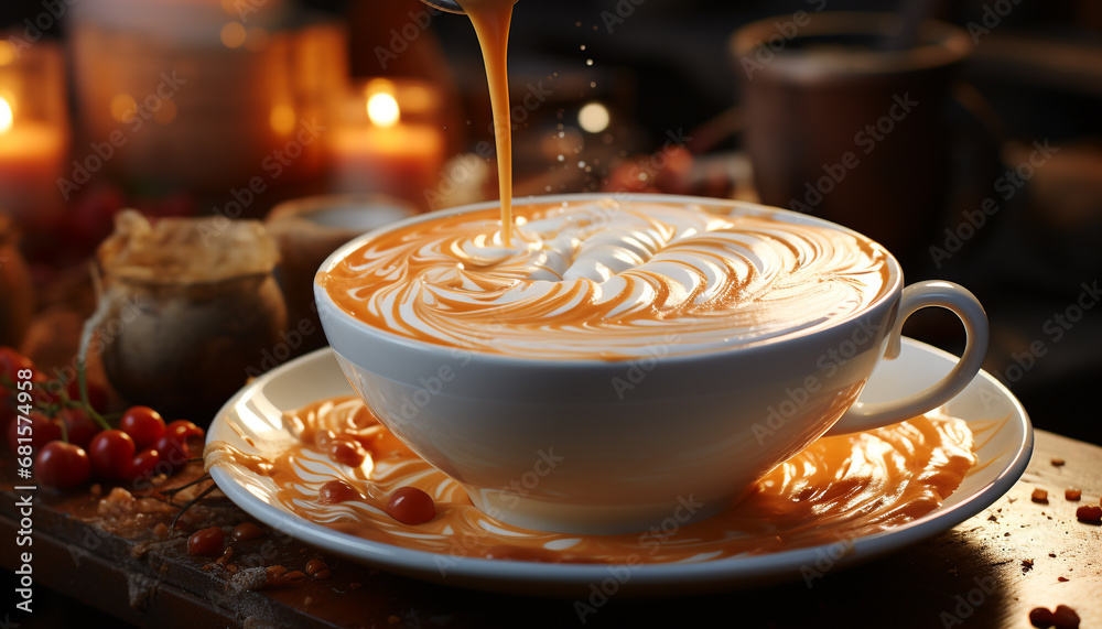 Hot coffee cup on wooden table with frothy milk foam generated by AI