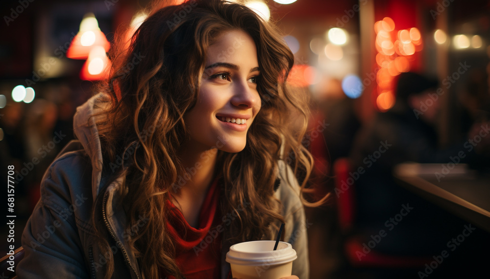 Young woman enjoying a hot coffee in the illuminated city generated by AI