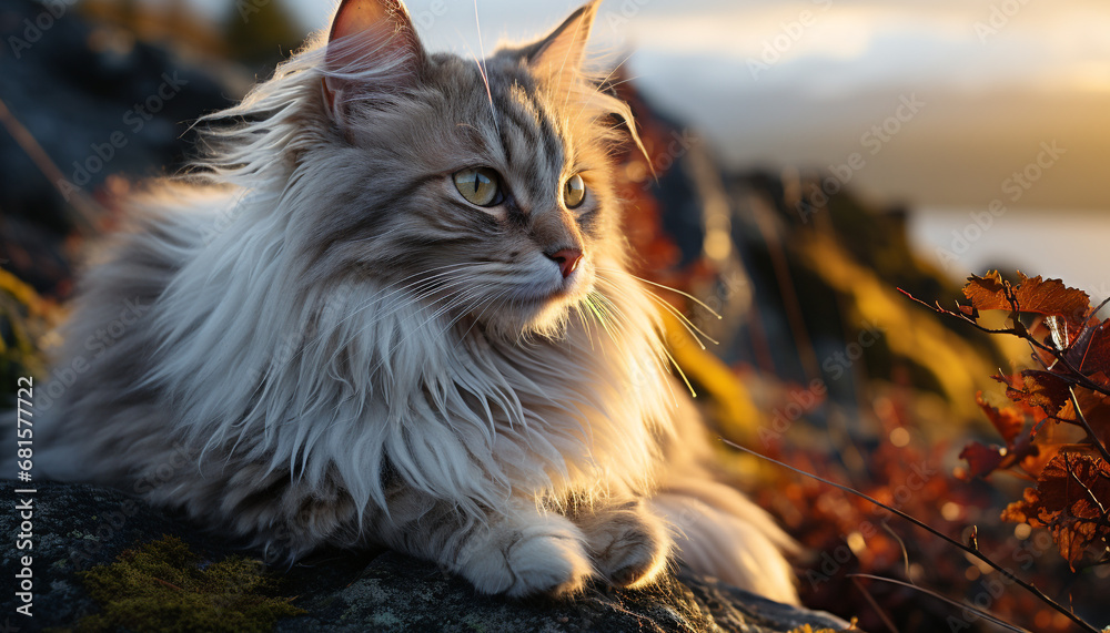 Cute kitten sitting in grass, looking at sunset, playful outdoors generated by AI