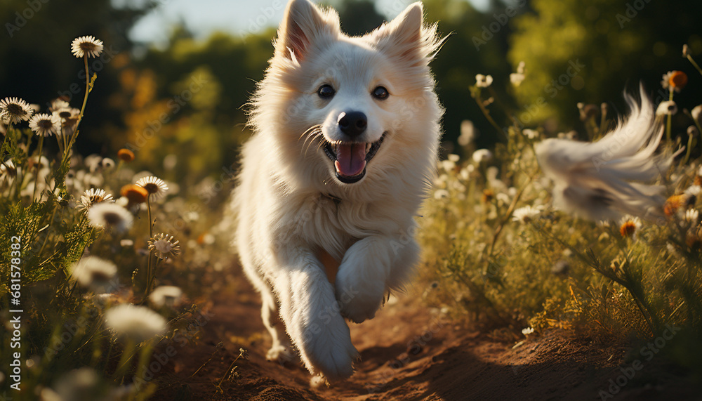 Cute puppy running in the meadow, enjoying the summer sun generated by AI