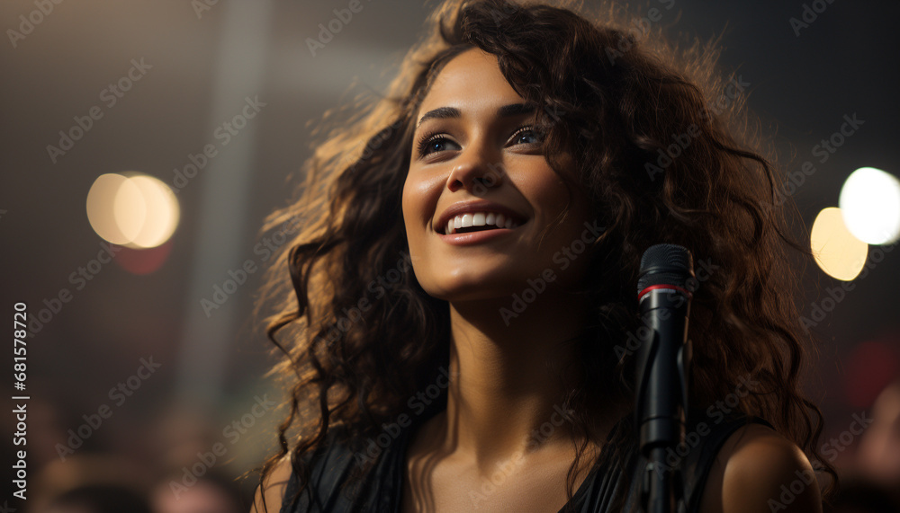 Young woman singer performing on stage, illuminated with joy and elegance generated by AI