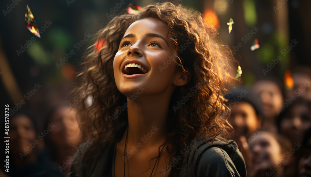 Young women enjoying a carefree summer night, laughing and smiling generated by AI