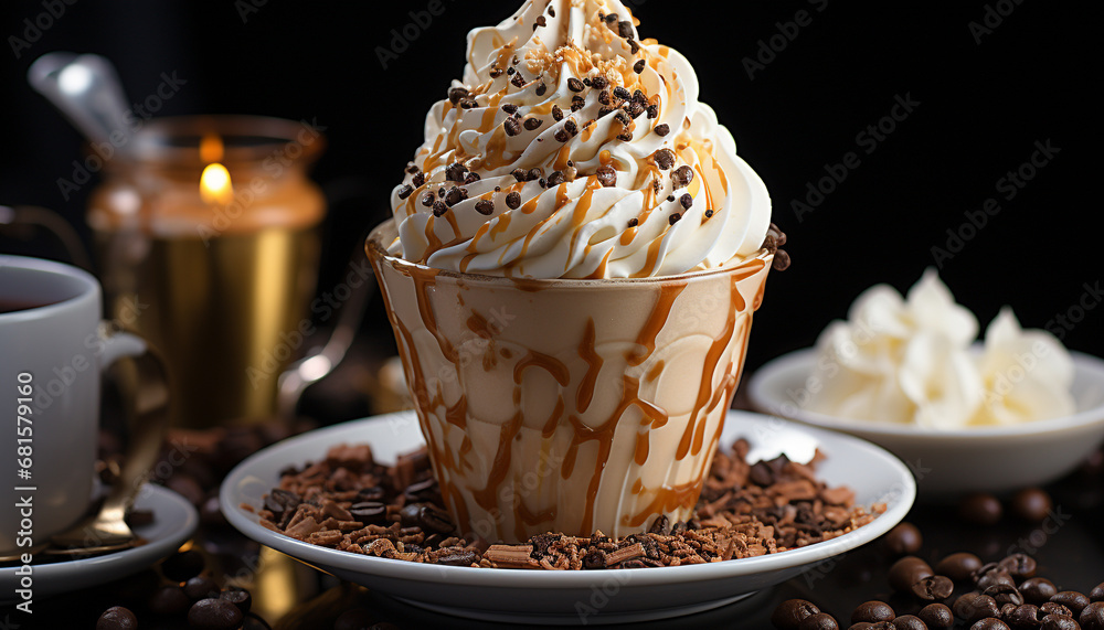 Hot drink, coffee cup, whipped cream, chocolate, dessert, indulgence generated by AI