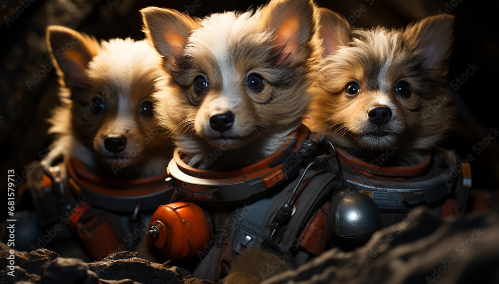 Three small dogs sitting together, looking cute and playful generated by AI