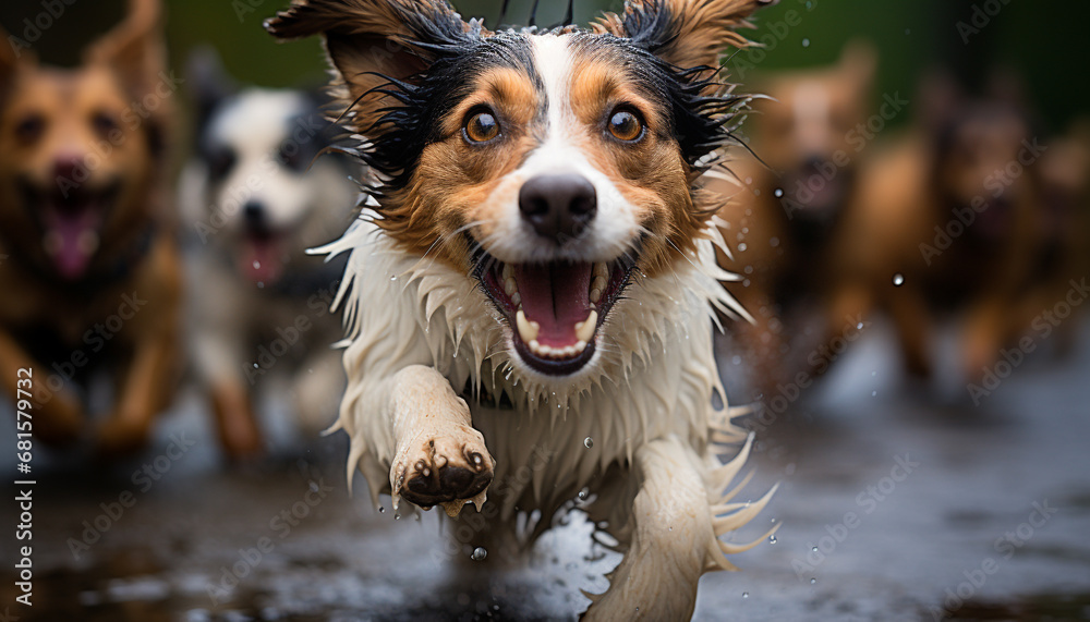 Cute puppy playing in water, wet and smiling happily generated by AI