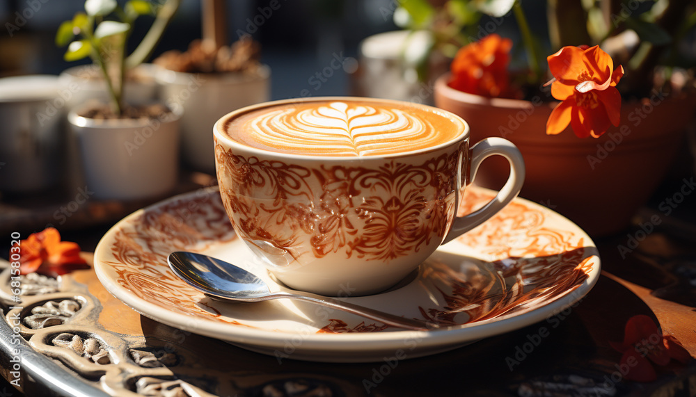 Fresh cappuccino on wooden table, a perfect morning refreshment generated by AI