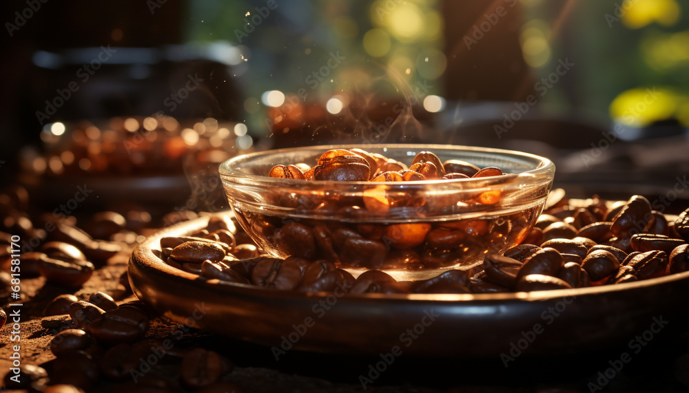 Fresh coffee bean on wooden table, a caffeine addiction generated by AI