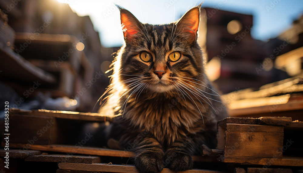 Cute kitten sitting outdoors, staring at camera with playful nature generated by AI