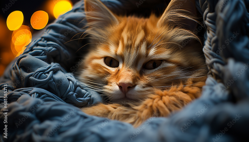 Cute kitten sleeping, fluffy fur, staring at camera, outdoors generated by AI