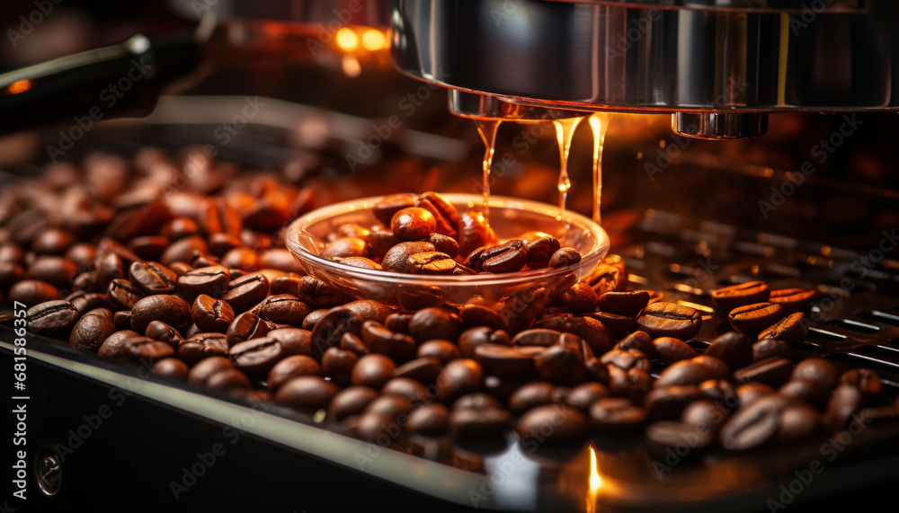 Freshly ground coffee beans pour into a hot cup generated by AI