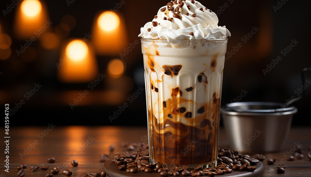 Coffee cup on table, creamy latte with whipped cream generated by AI